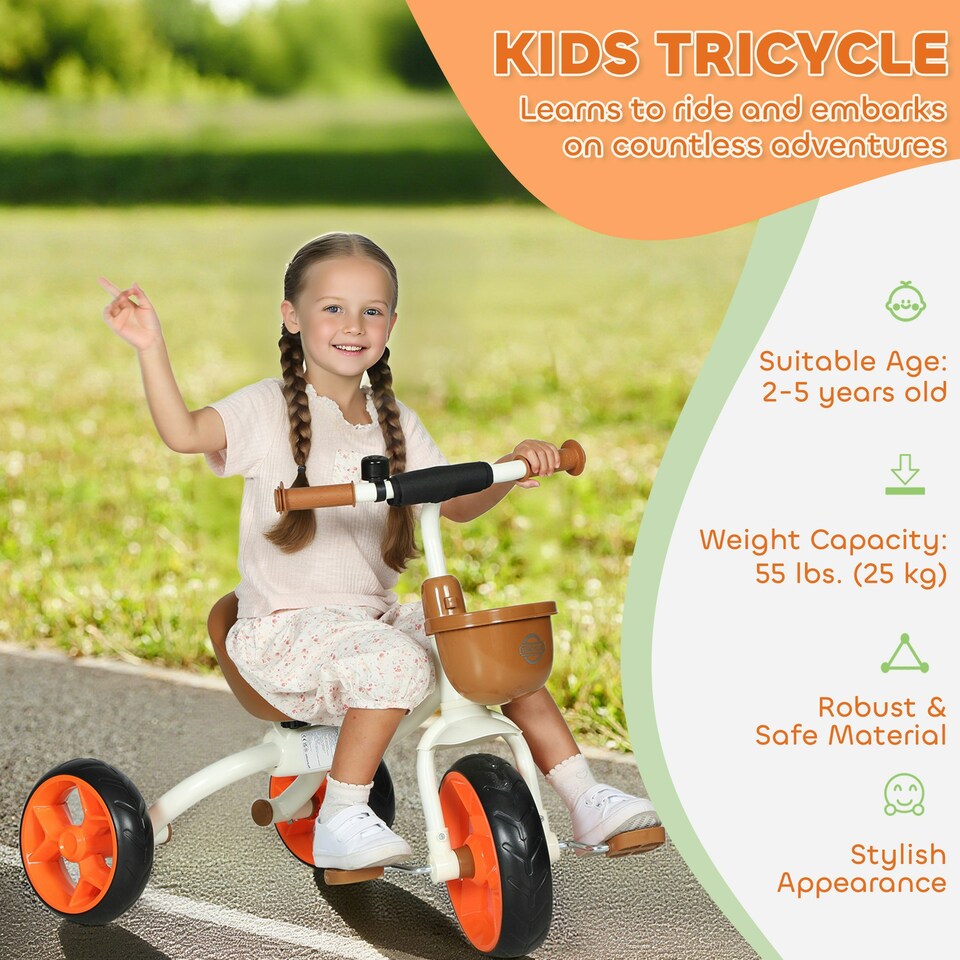 image 1 of Toddler Tricycle with Front Basket for Ages 2-5 Years Boys and Girls, Orange