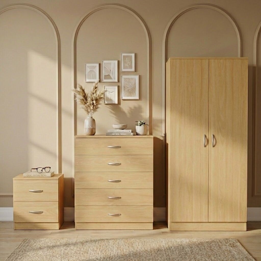 Vida Designs Riano 3 Piece Bedroom Set (2 Drawer Bedside Chest, 5 Drawer Chest, 2 Door Wardrobe) - Pine