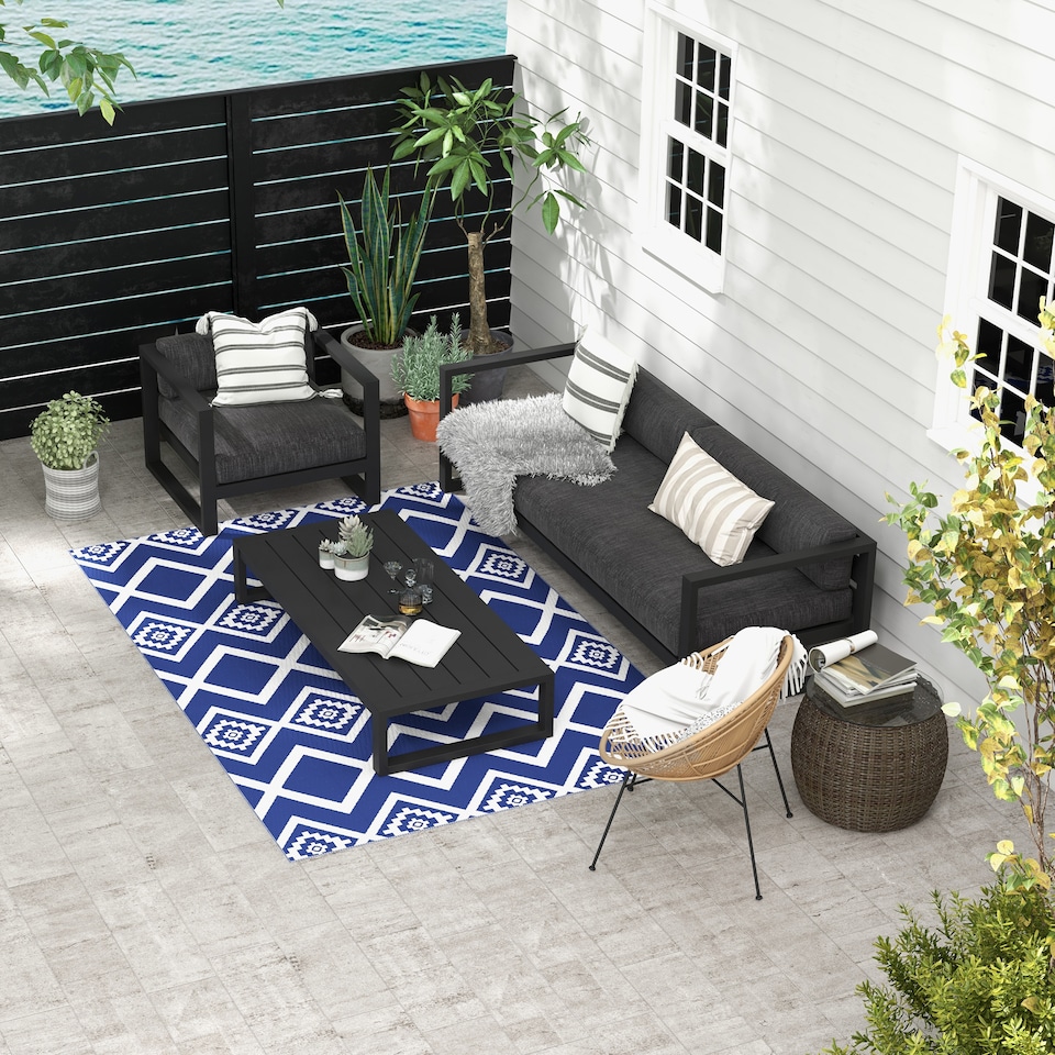 image 1 of Outsunny Reversible Waterproof Outdoor Rug W Carry Bag, 182 x 274cm, Brown | Blue | Blue and White | 182 x 274 x 0.3cm