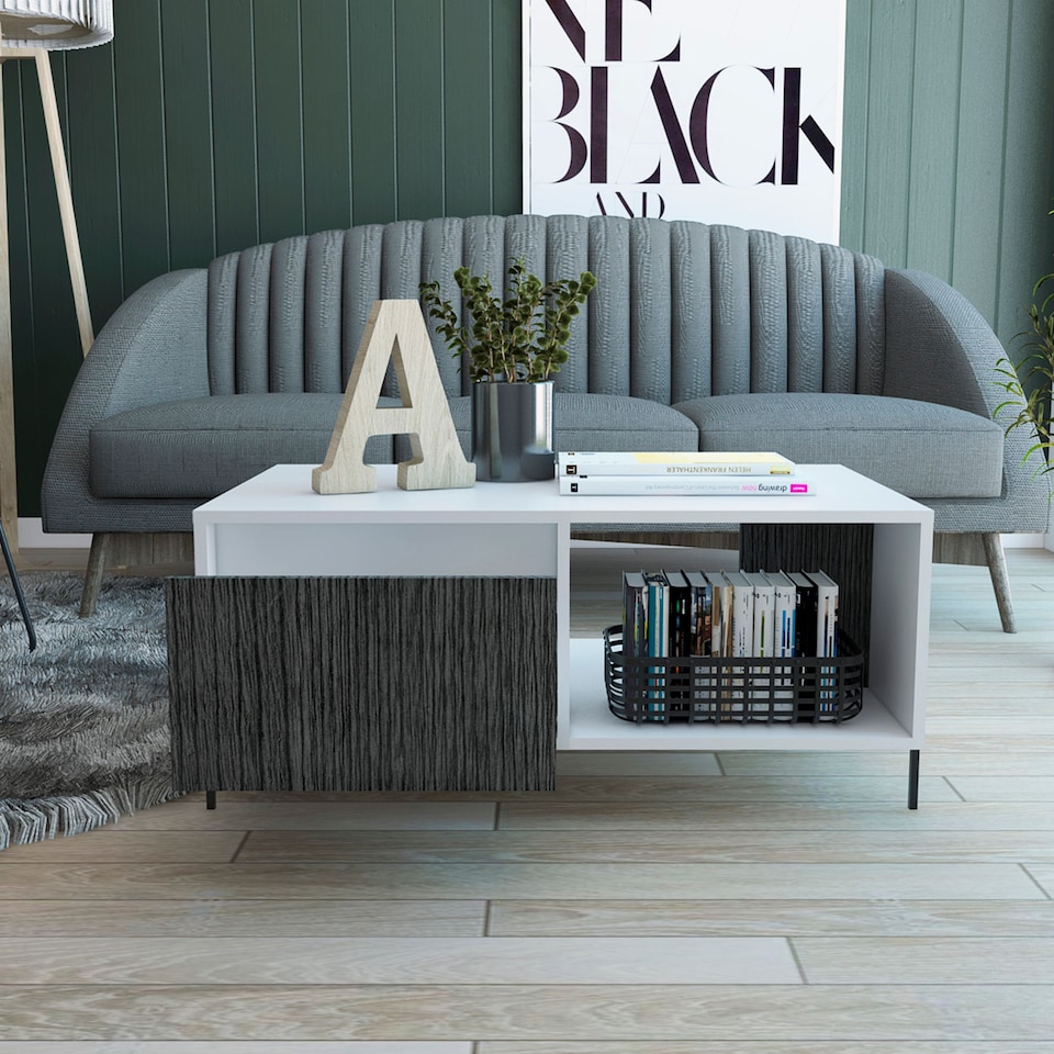 image 1 of Dallas White Coffee Table With Drawer & Open Storage - White and Carbon Grey Oak Effect Top with Metal Hardware | White | White & Carbon Grey Oak | One Size | 1