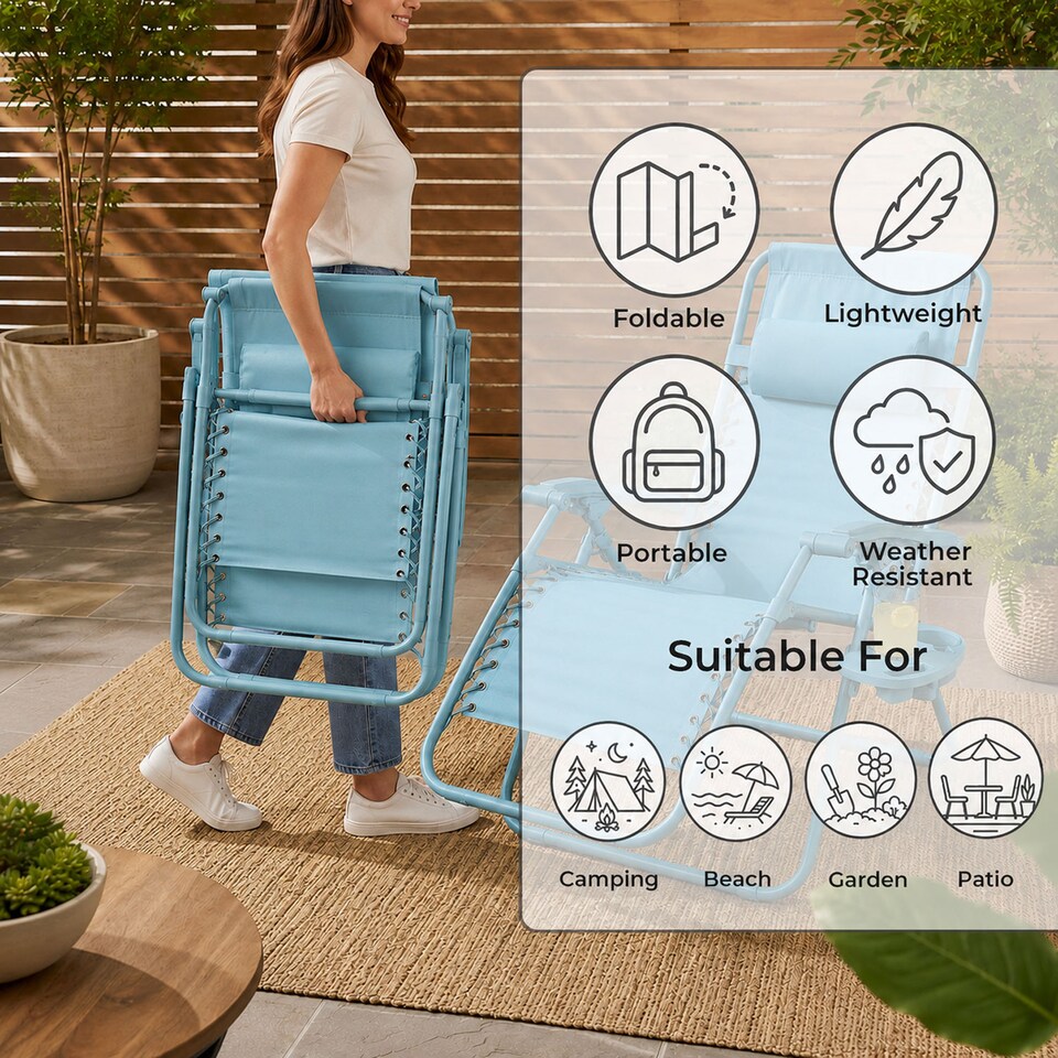 image 1 of Set of 2 Zero Gravity Reclining Foldable Garden Chairs Sun Loungers