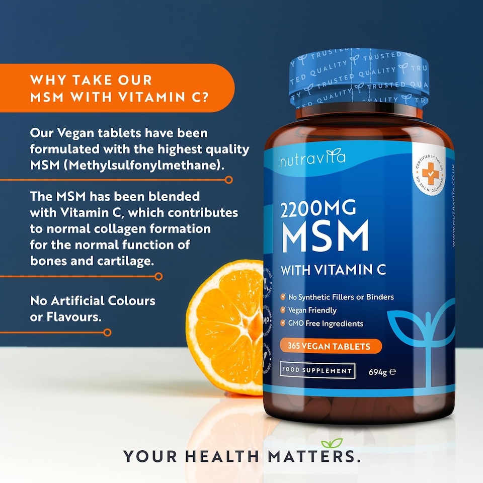 image 1 of Nutravita MSM 2200mg - Methylsulfonylmethane with 80mg Vitamin C Contributes to Normal Collagen Formation - Made in The UK - 365 Vegan Tablets