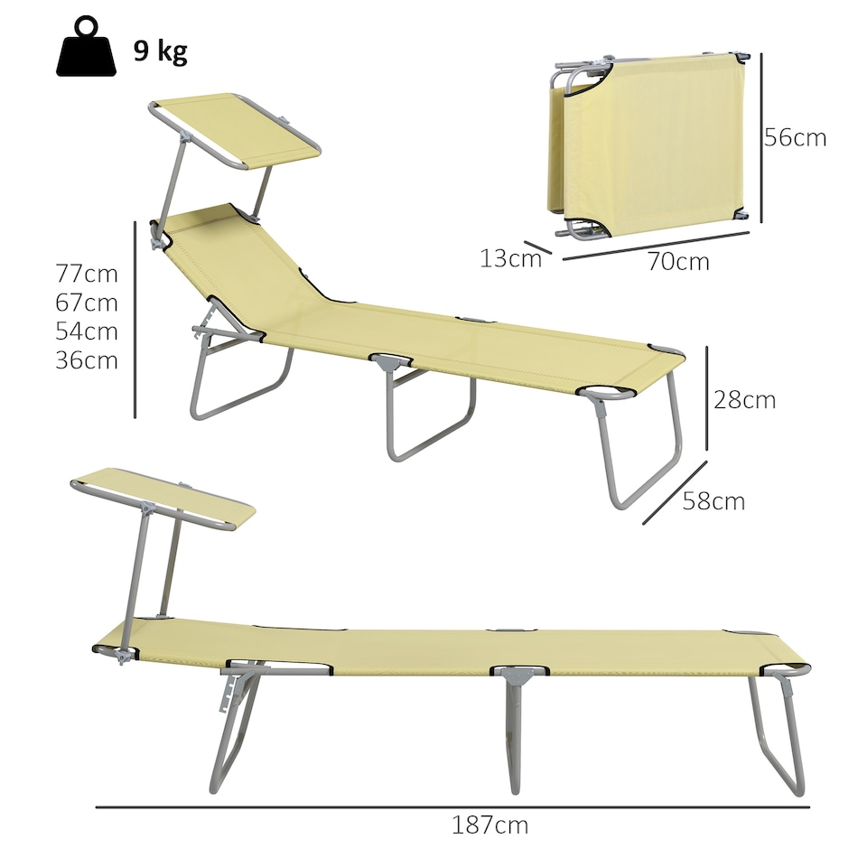 image 1 of Outsunny Folding Sun Lounger Set of 2 w/ Sunshade Adjustable Backrest Beige