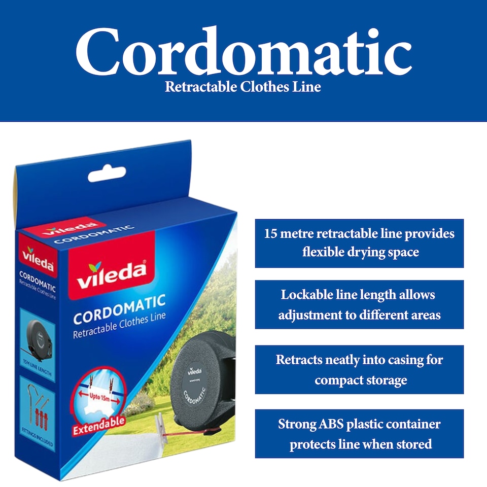 image 1 of Vileda Cordomatic Retractable Clothes Line Indoor Outdoor Washing Line 15m