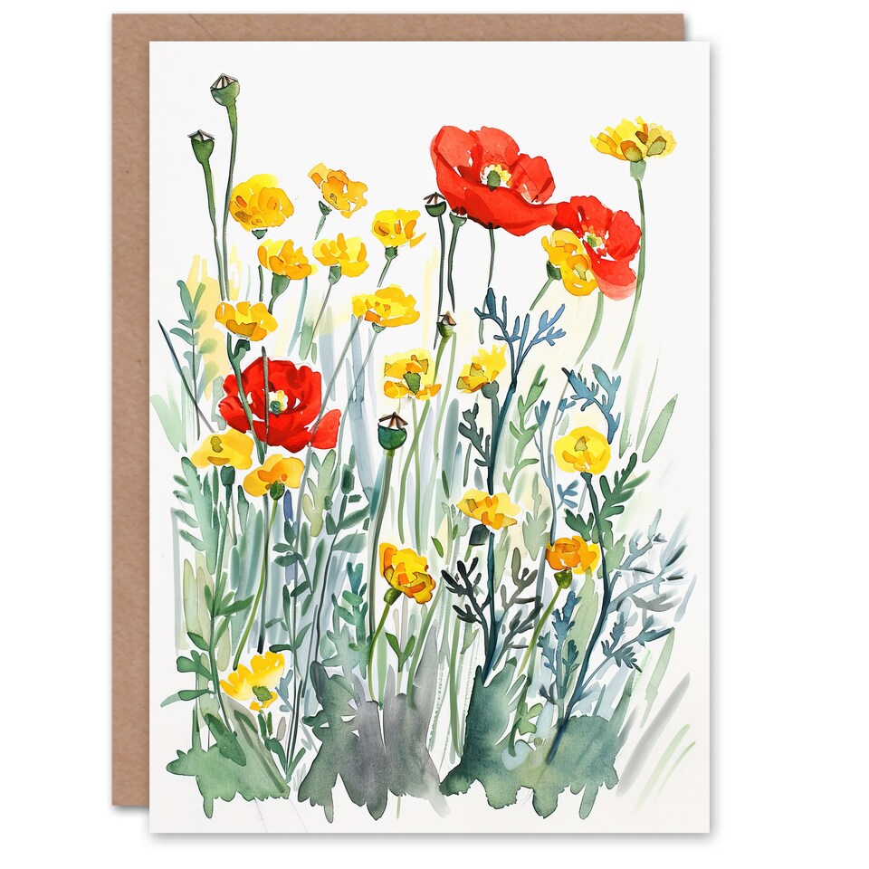 image 1 of Greeting Card Red Poppies and Yellow Marigolds Wildflower Field