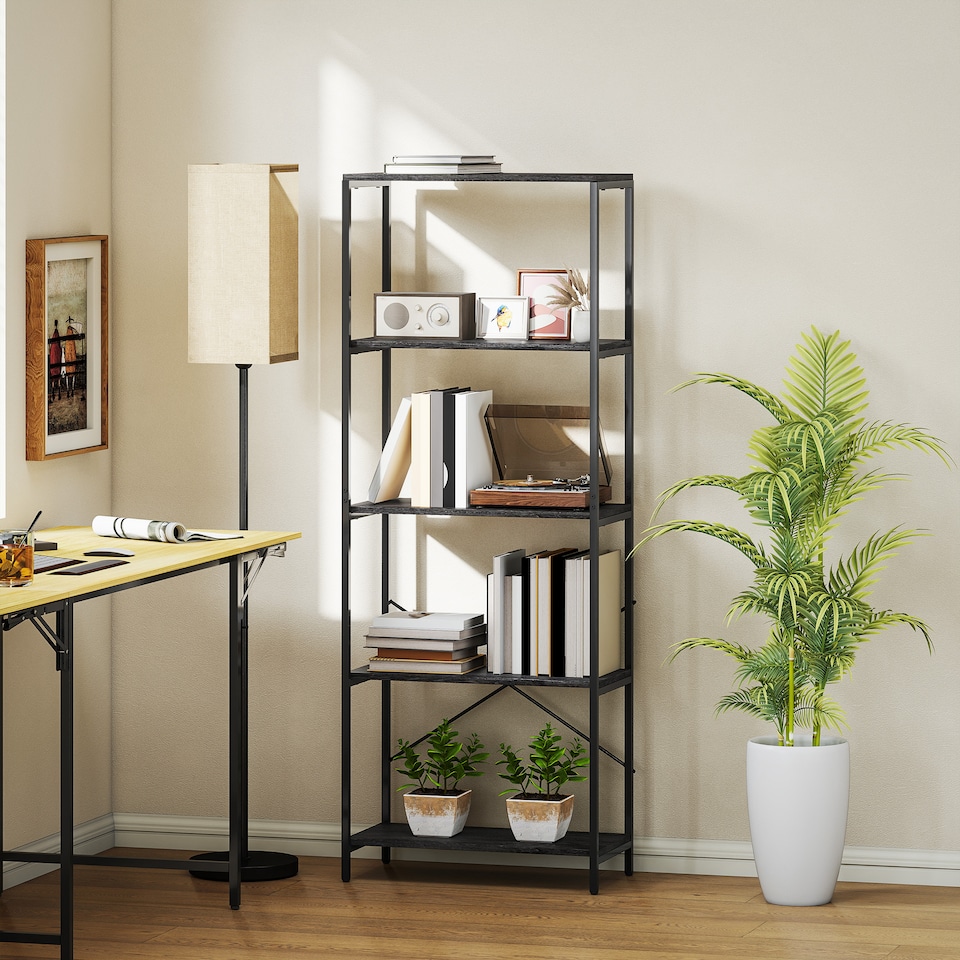image 1 of HOMCOM 5-Tier Bookshelf, Industrial Bookcase, Floor Standing Book Shelf with Metal Frame, Open Display Shelving Unit for Living Room, Home Office and Bedroom, Dark Grey and Black | Black | Dark Grey and Black
