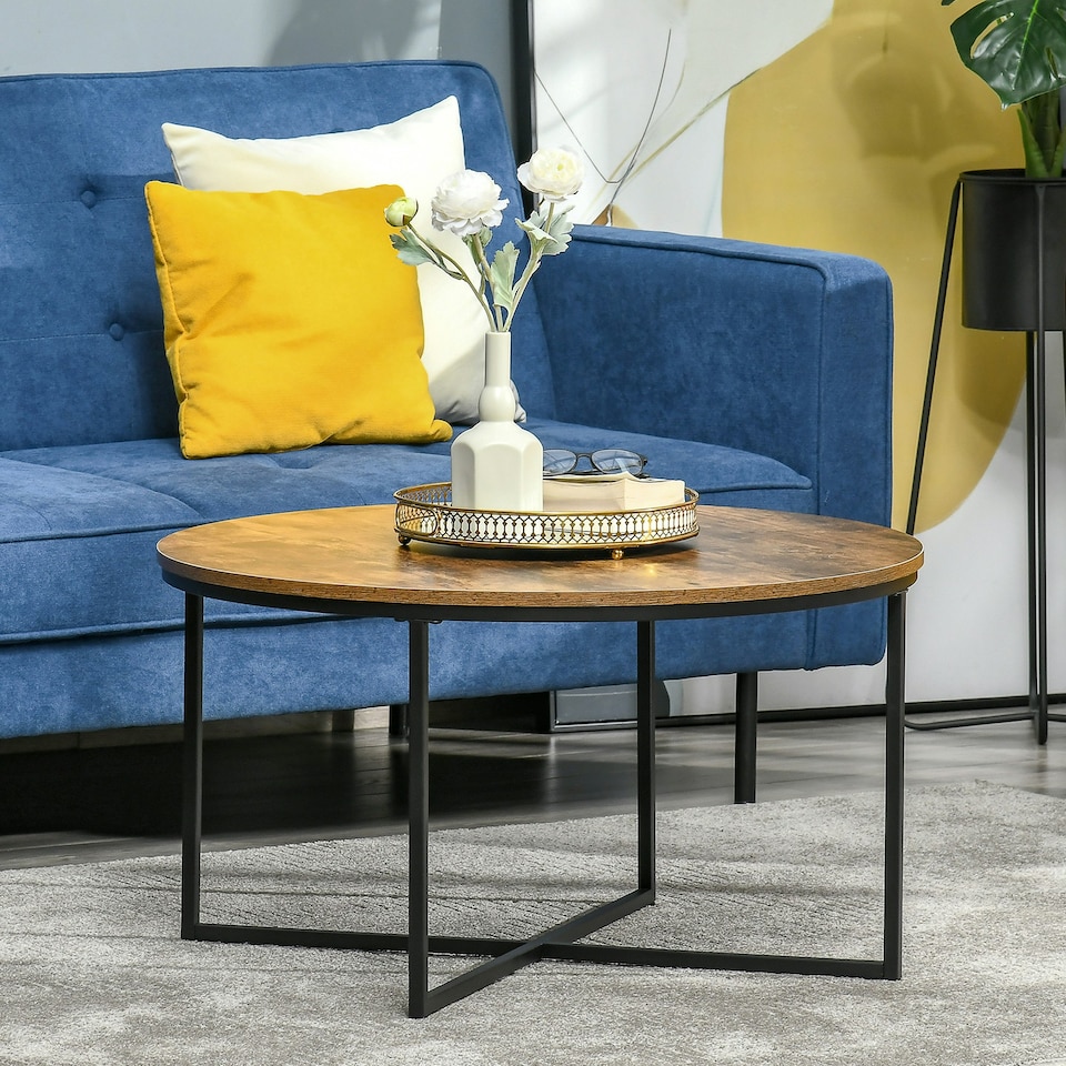 image 1 of HOMCOM Coffee Table Industrial Round Side Table w/ Metal Frame Brown