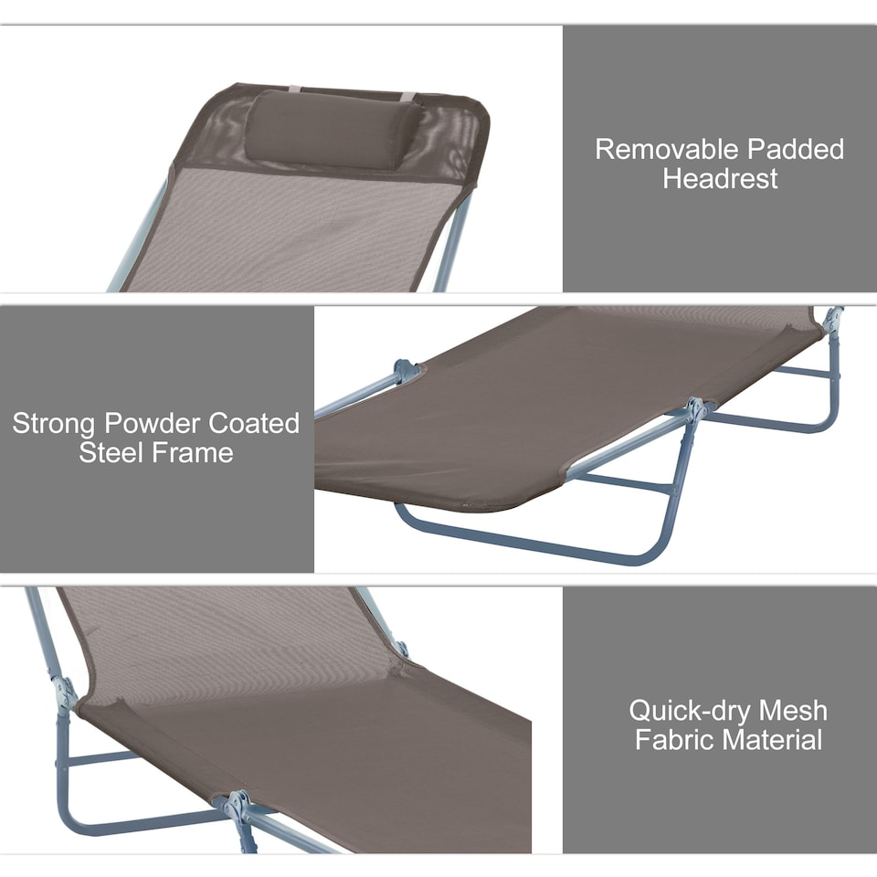 image 1 of Outsunny Folding Sun Lounger for Garden, Texteline Reclining Sun Bed with 5 Position Adjustable Backrest, Headrest, Portable Garden Lounger Recliner Chair for Beach, Patio, Camp, Coffee