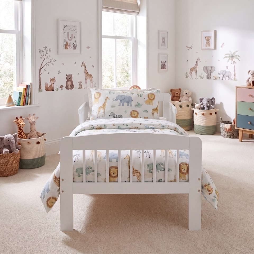 image 1 of Junior Vida Scorpio Toddler White Bed Frame With Side Rails - H 57 x W 75 x D 144 cm