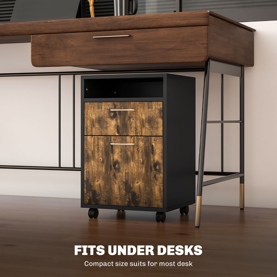 image 1 of HOMCOM 60cm Filing Cabinet with Drawer, Open Shelf, Metal Handles and 4 Wheels, Office Home Organiser Mobile Printer, Rustic Brown
