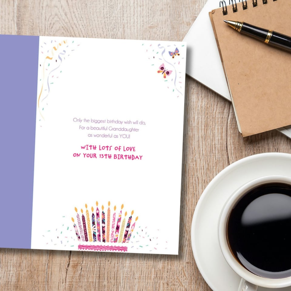 image 1 of Words 'n' Wishes 13th Birthday Card for Grandaughter, Patterned & Foiled Letters With Birthday Cake, Multicoloured, 23.5 x 16.5 cms