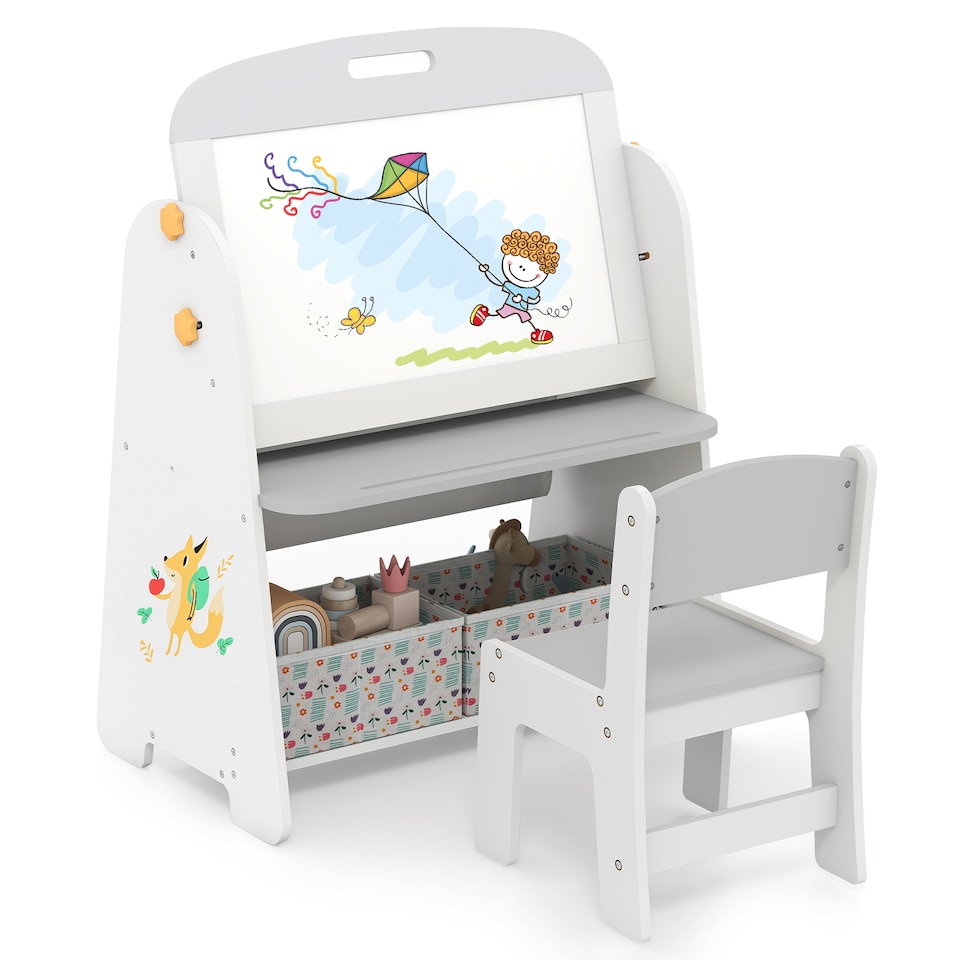 image 1 of COSTWAY 4-in-1 Art Easel and Bookshelf with Magnetic Grey