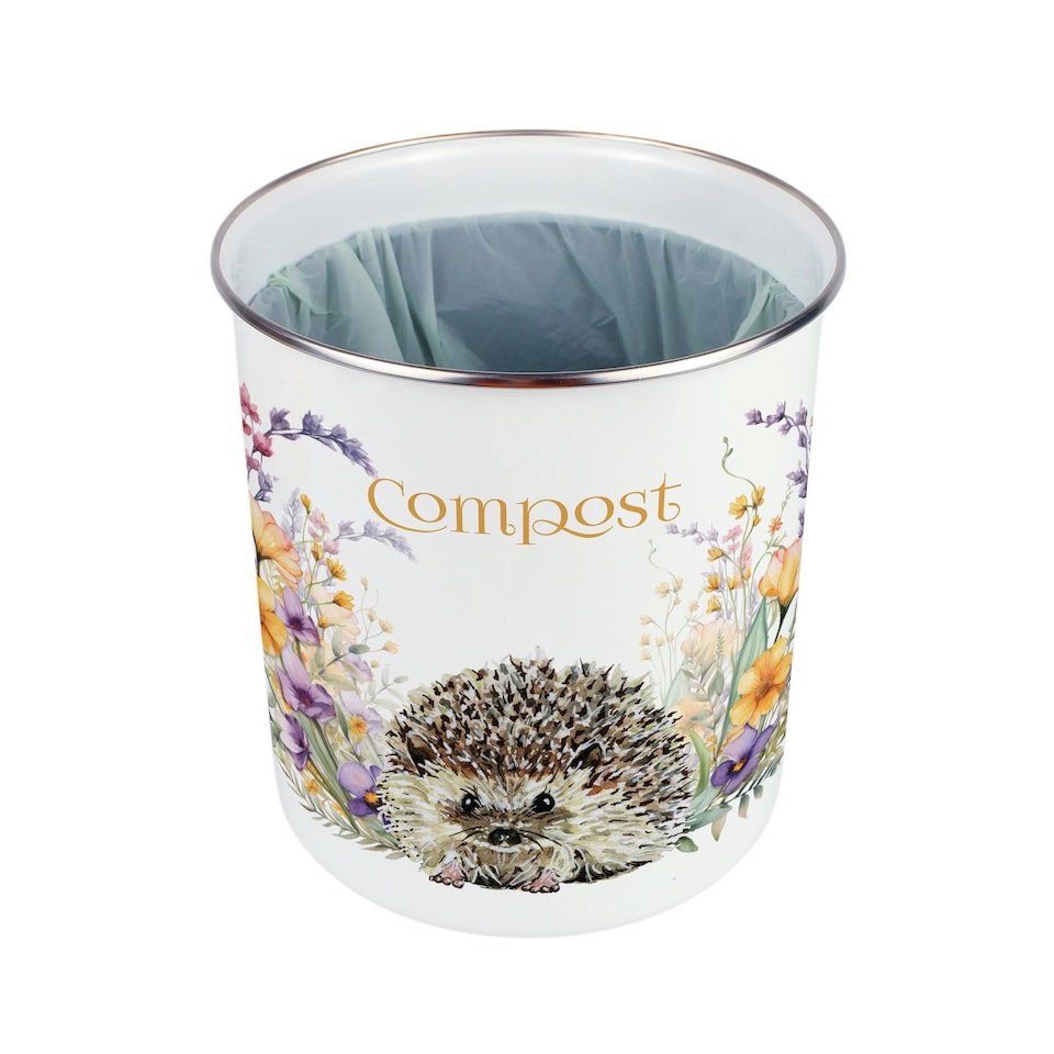 image 1 of Floral Hedgehog Compost Caddy - Metal 2L Decorative Kitchen Food Waste Bin