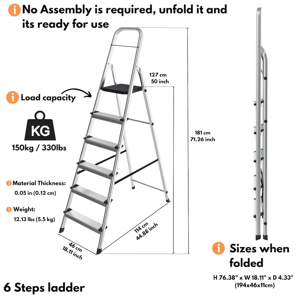 image 1 of Lightweight Step Ladders - Compact Aluminium Stepladder with Non-Slip Wide Step, Portable Silver Color - Tall Folding Ladder with Platform Silver | 6 - Step 181 cm