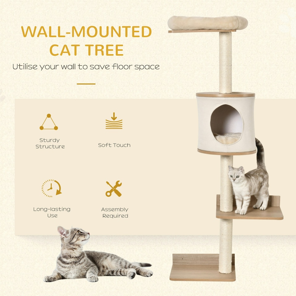 image 1 of PawHut Wall-Mounted Cat Tree Shelter with Cat House, Bed Beige