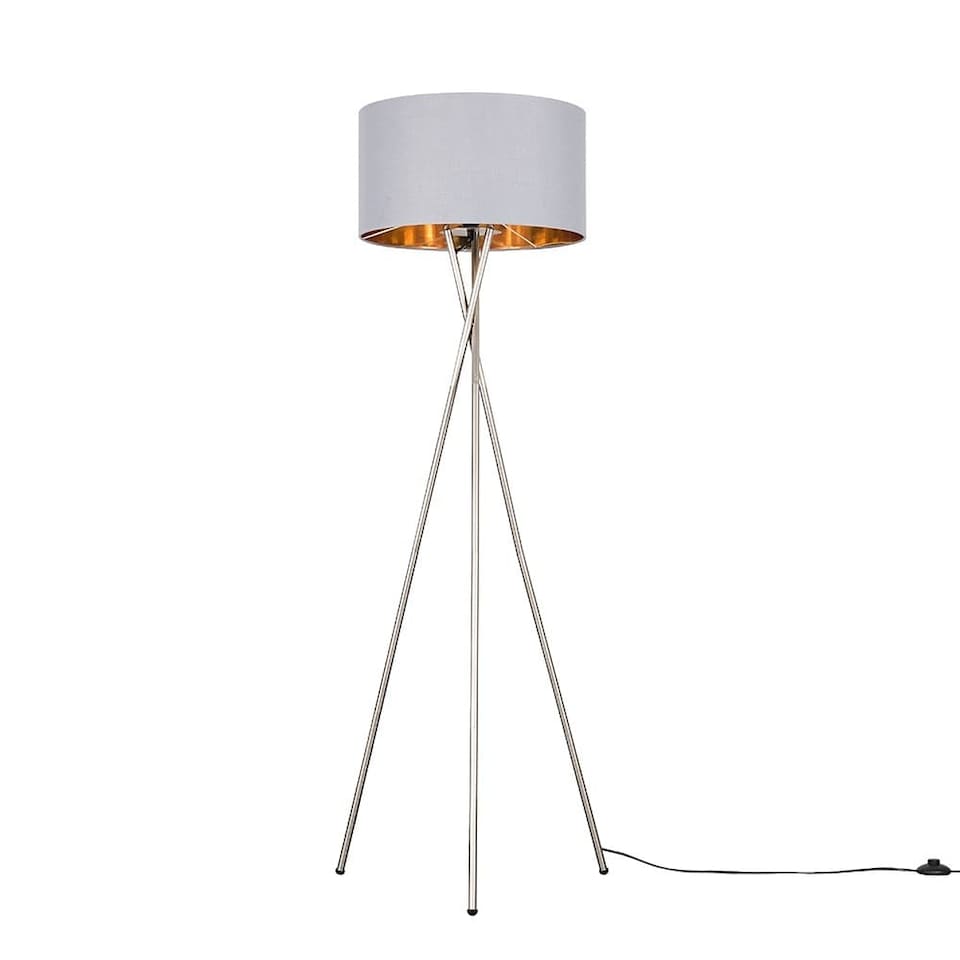 image 1 of ValueLights Camden Brushed Chrome Tripod Floor Lamp Grey Gold Shade and Bulb