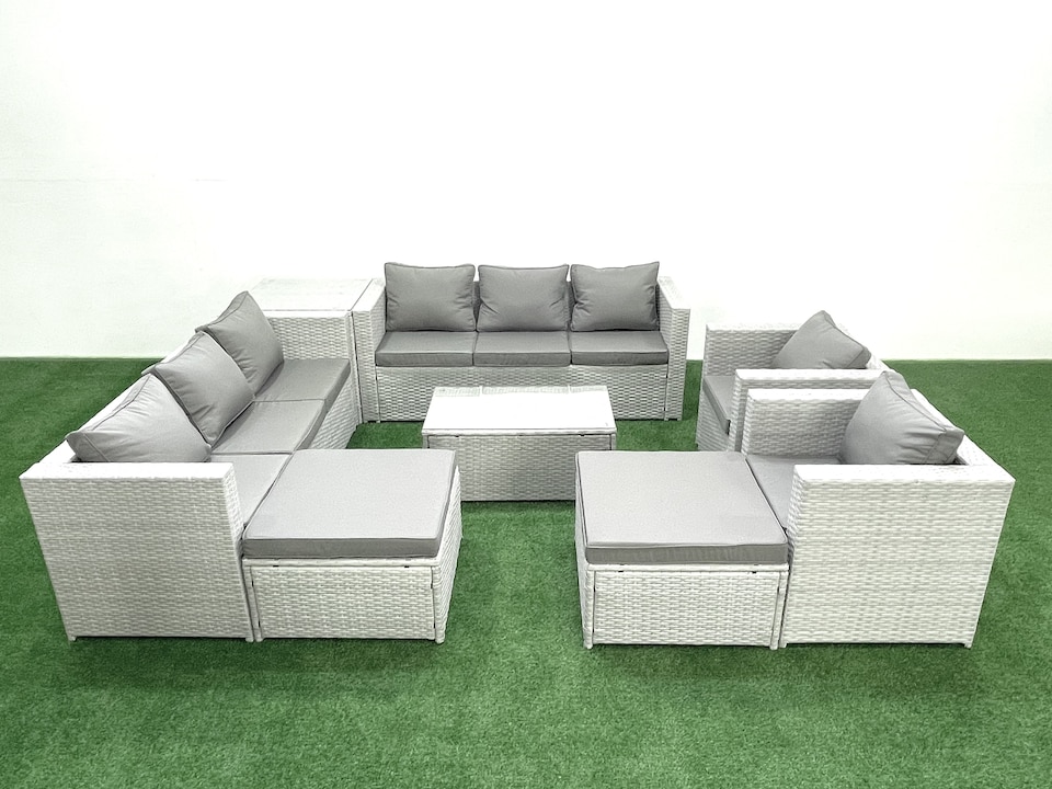 image 1 of Fimous Outdoor Rattan Sofa Garden Furniture Set with 2 Armchairs Oblong Coffee Table 2 Big Footstools Side Table Light Grey Mixed