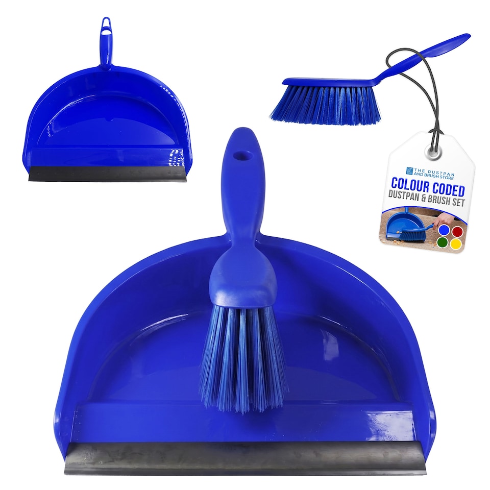 image 1 of Colour Coded Dustpan and Brush Sets Wide Plastic Dustpan with Rubber Lip and Soft Bristle Brush