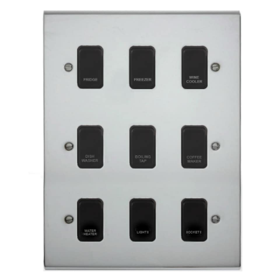 Deta Kitchen Grid Switch Polished Chrome / Black Switches - 9 Gang