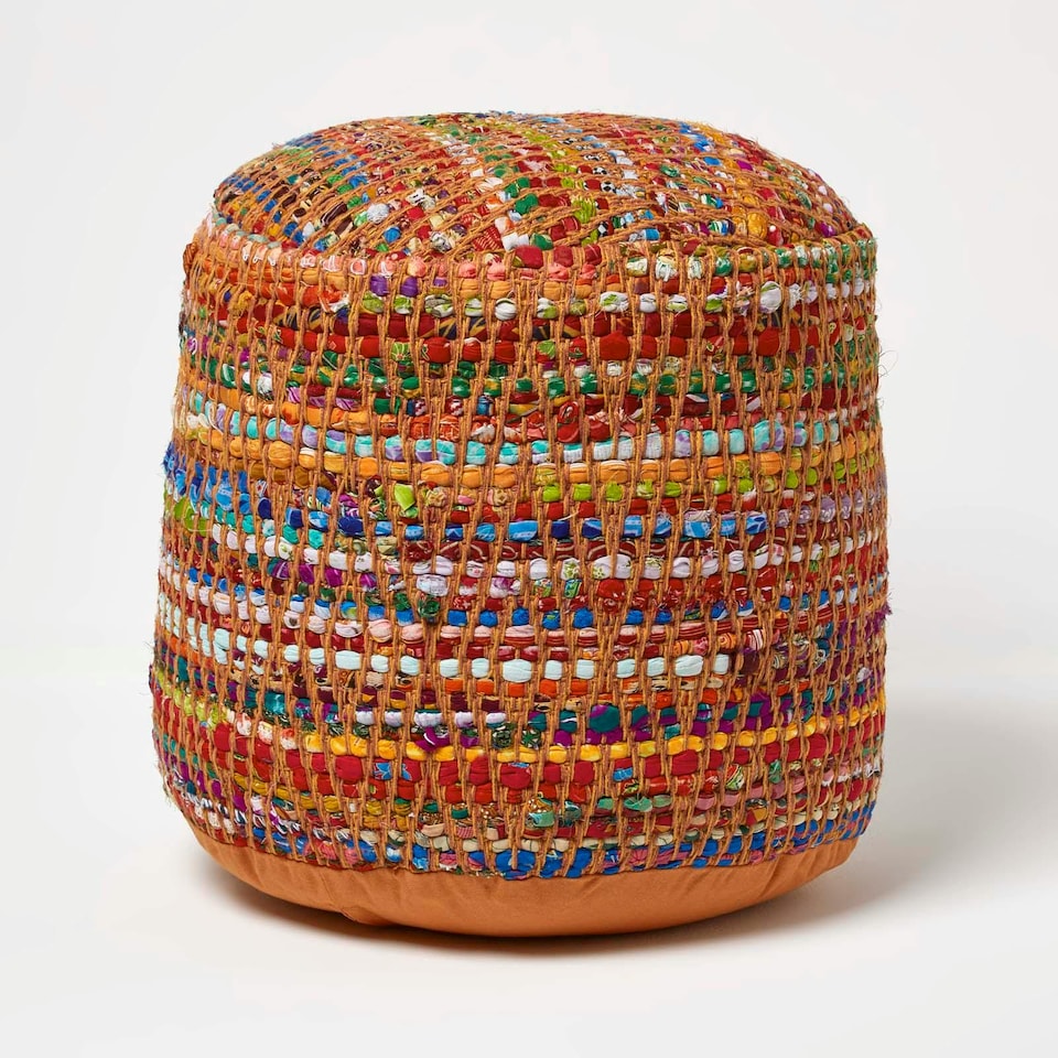image 1 of Homescapes Red and Multi-Colour Chindi Design Circular Bean Filled Pouffe | Multi | 45 x 40 cm