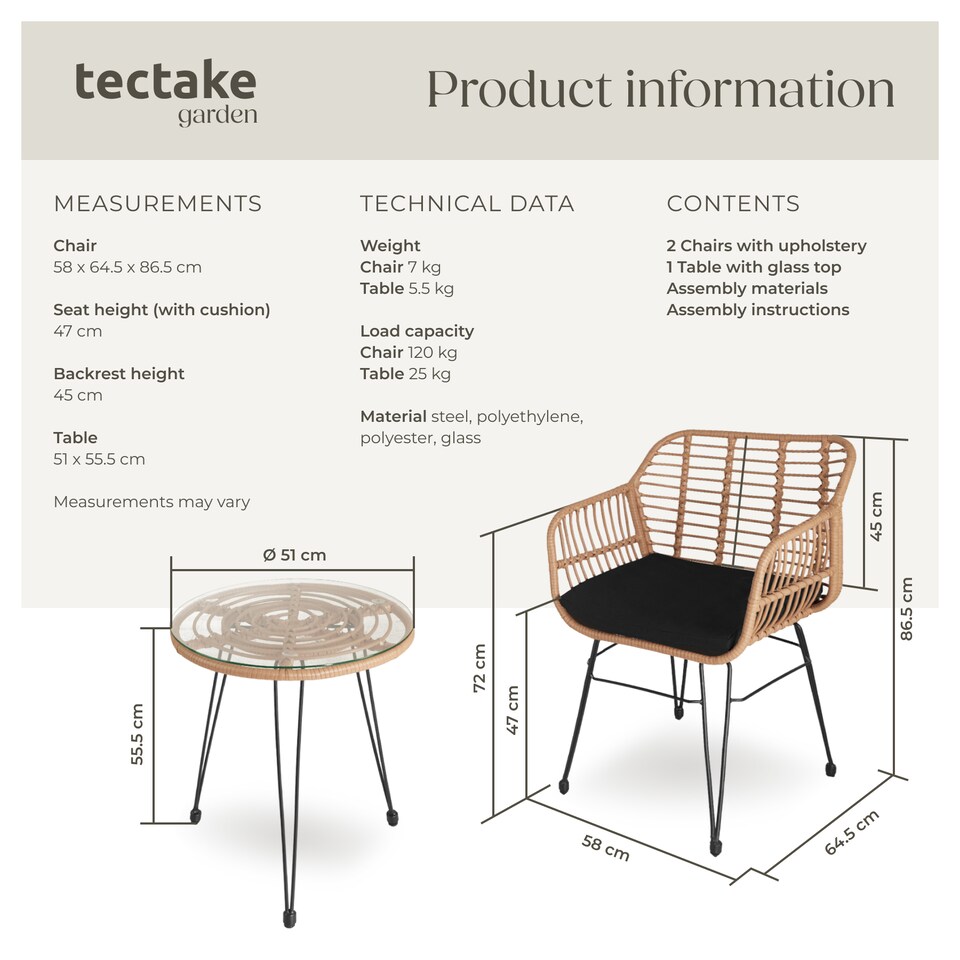 image 1 of Garden Table and Chairs Molfetta - 2 person bistro set, weather and UV-resistant | Cream | nature | 64,50 x 58 x 86,50 cm | 1