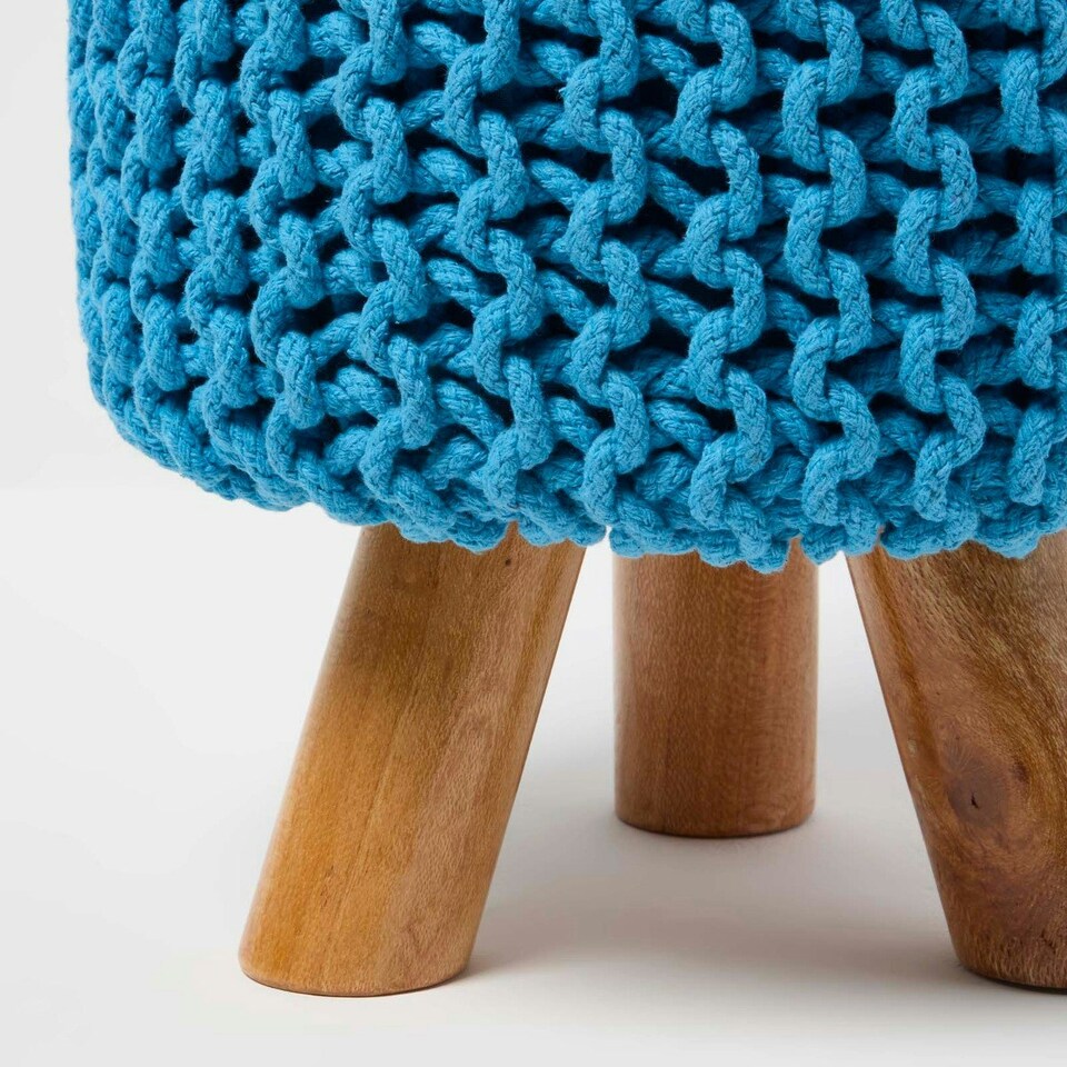image 1 of Homescapes Teal Blue Tall Cotton Knitted Footstool on Legs
