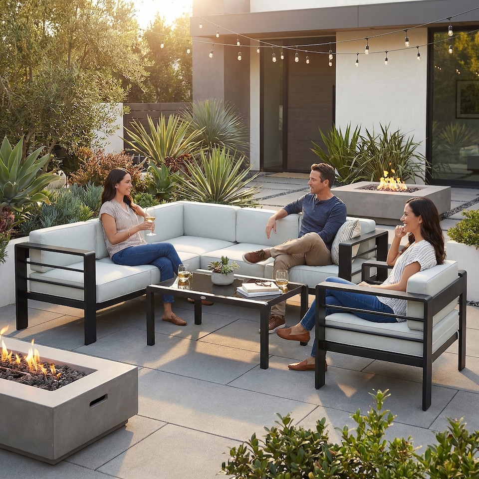 image 1 of Outsunny Garden Corner Sofa Set, Garden Furniture Set with Coffee Table | Grey | Light Grey | Five Plus Seater