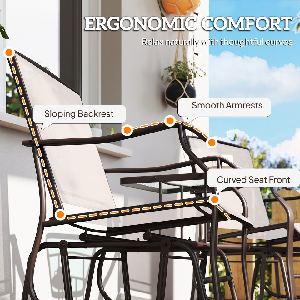 image 1 of Outsunny Outdoor Double Glider Rocking Chairs with Glass Top Middle Table, Metal Gliding Love Seat Conversation Furniture with Breathable Mesh Fabric Seat, for Garden, Patio, Brown