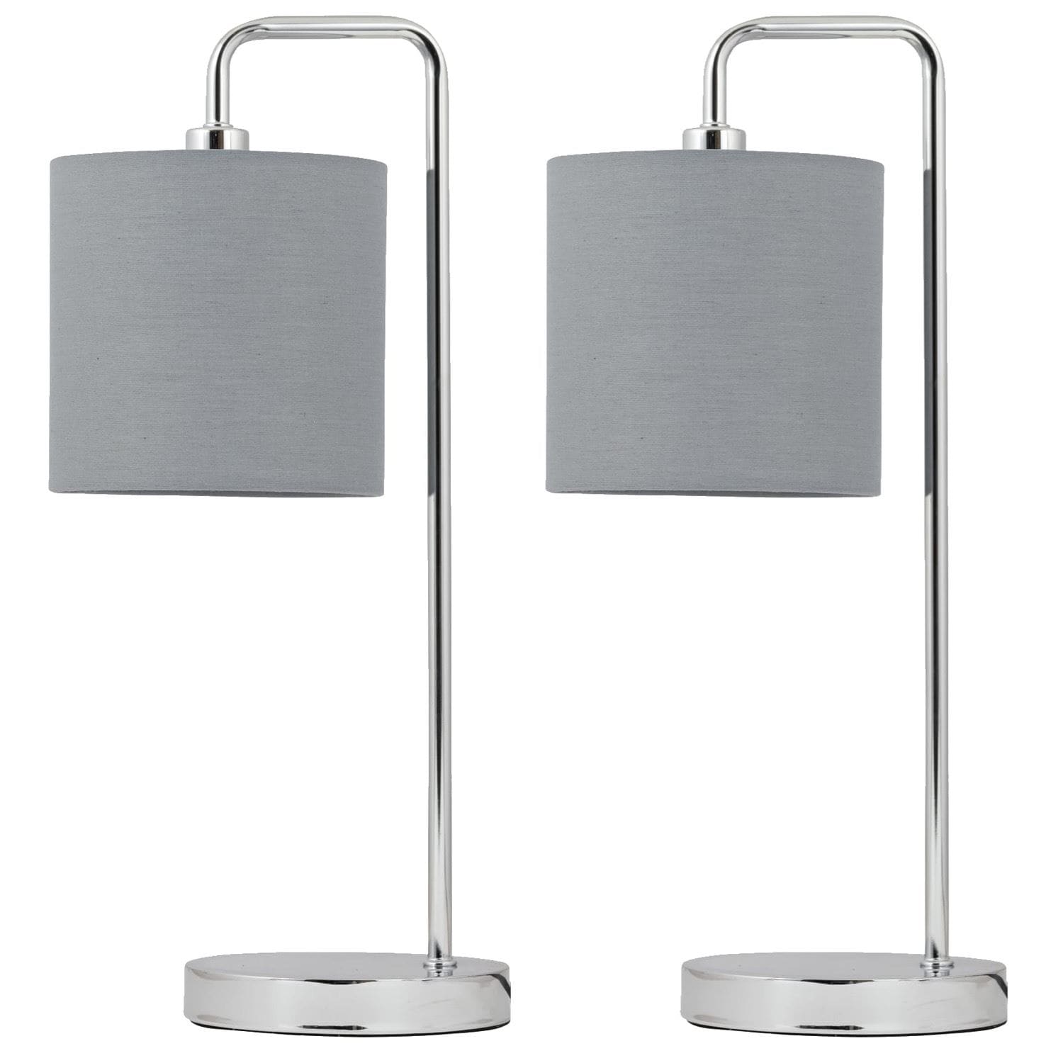First Choice Lighting Set of 2 Chrome Arched Table Lamps with Grey Cotton Shades in Silver
