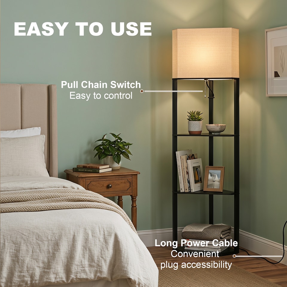 image 1 of HOMCOM Corner Modern Floor Lamp with Shelves for Living Room, Bedroom, Black