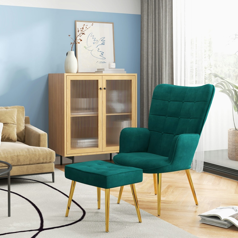 image 1 of HOMCOM Button Tufted Armchair with Footstool and Gold Legs Dark Green