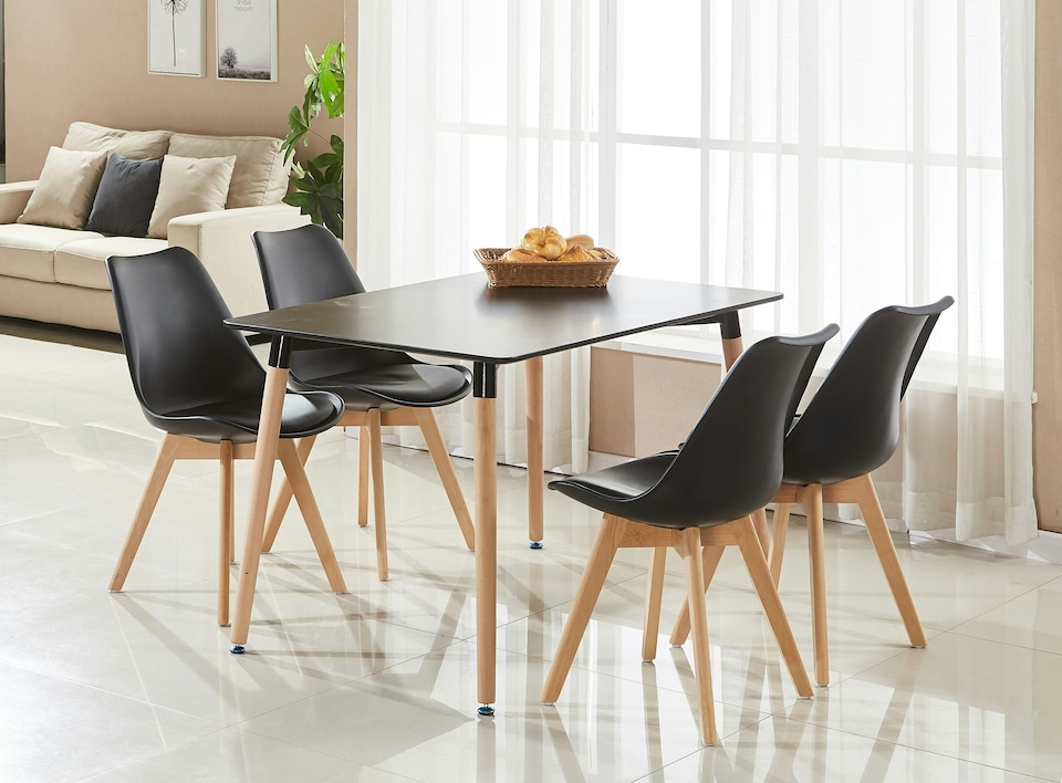 image 1 of Single Scandinavian Dining Chair with Leather Cushions Solid Wood Legs | Black
