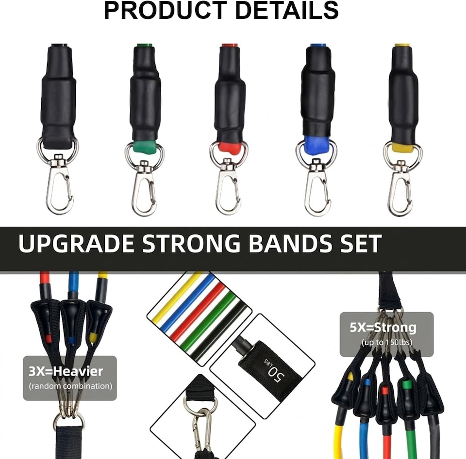 image 1 of 11Pcs Yoga Exercise Bands Resistance Tubes Set Fitness Workout Gym Equipment Stretch Band 5 Anti-Break 2 Foam Handle upto 150LB