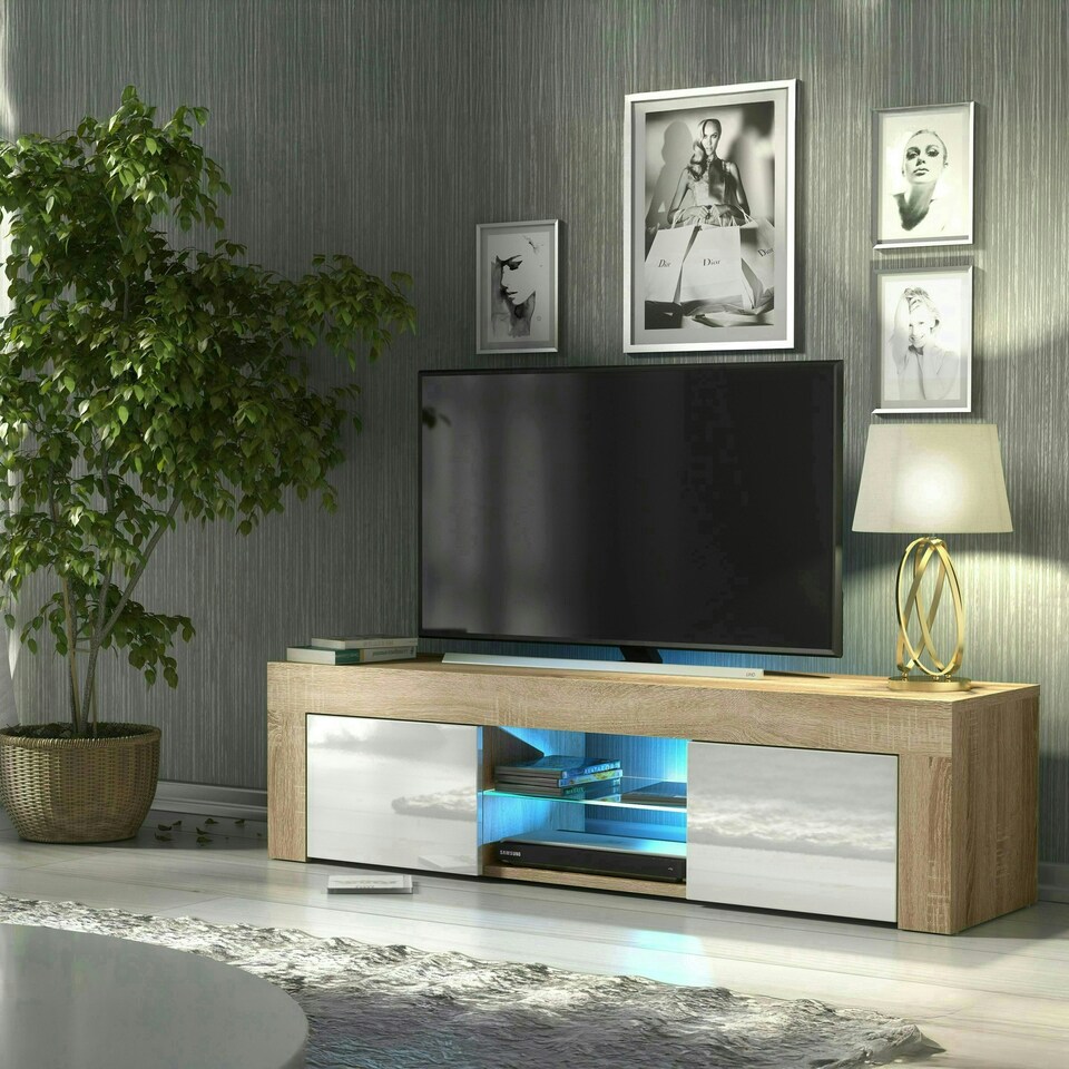 image 1 of TV Unit 130cm White Gloss Doors Oak Matt Body Modern Cabinet | Multi | Oak | One Size | 1