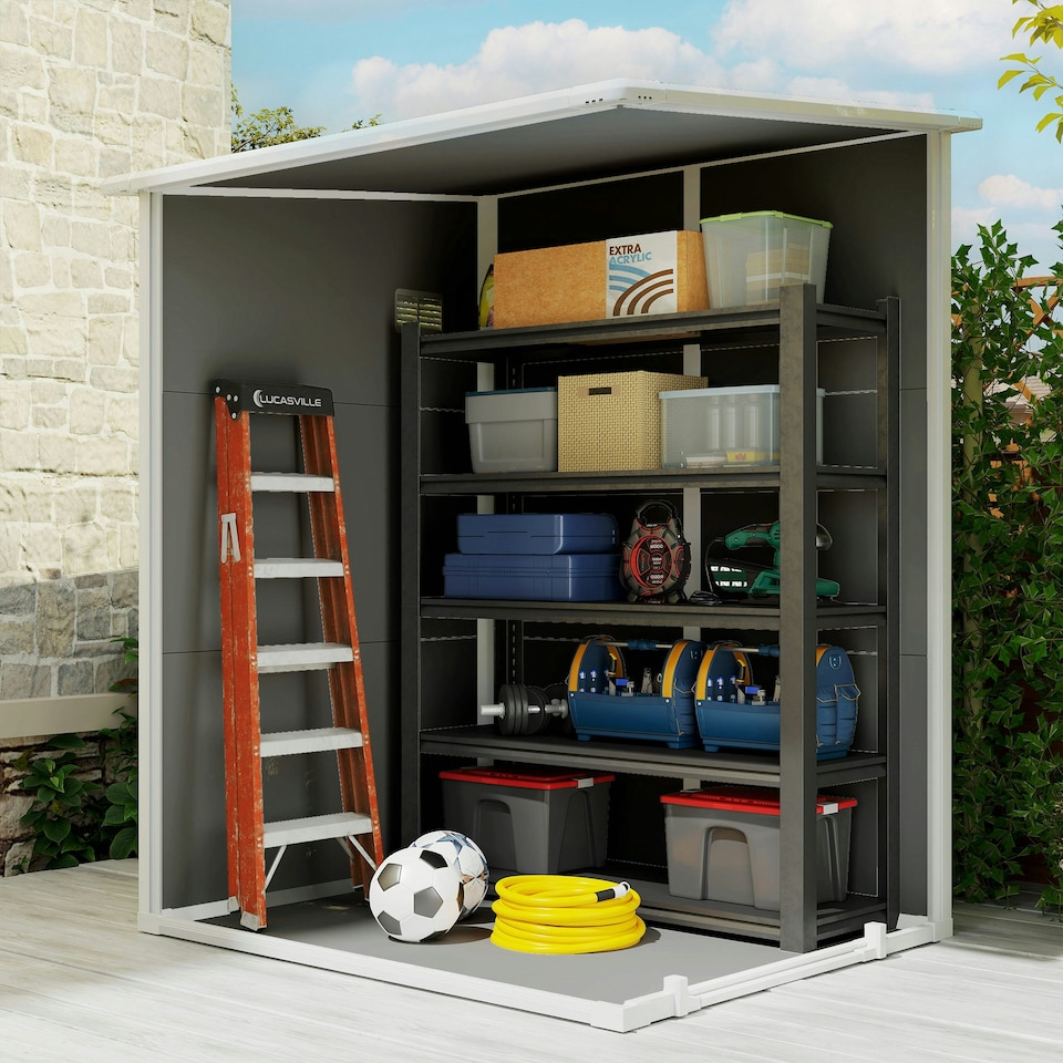image 1 of Outsunny Lean to Garden Shed 4'x5' Plastic Tool Storage House w/ Lockable Door