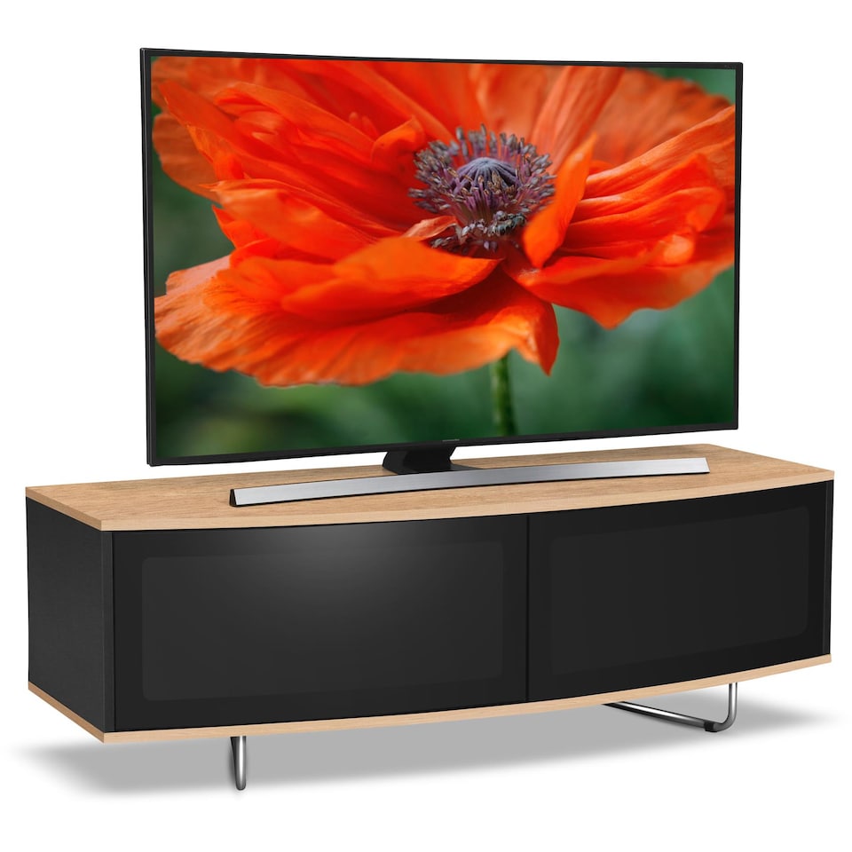 image 1 of Centurion Supports Caru Gloss Black and Oak Beam-Thru Remote Friendly Super-Contemporary "D" Shape Design 32"-65" LED/OLED/LCD TV Cabinet | Black | Oak | 1
