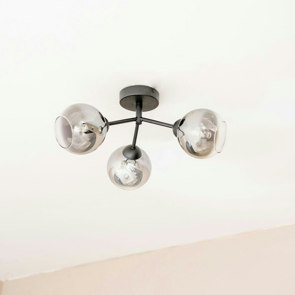 image 1 of ValueLights Aria Matte Black Semi-Flush 3 Way Ceiling Light with Smoked Grey Globe Shades