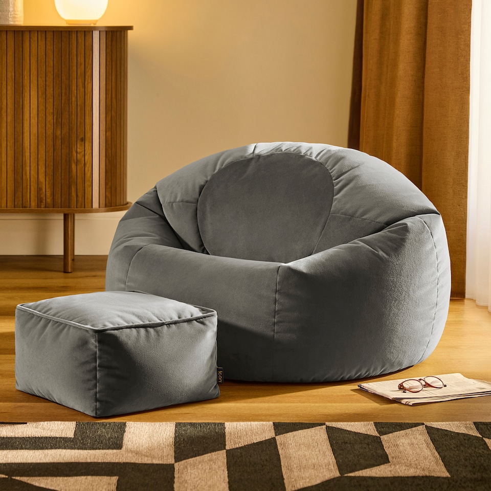 image 1 of icon Kingston Classic  Velvet Bean Bag Chair and Square Footstool Velvet, Charcoal