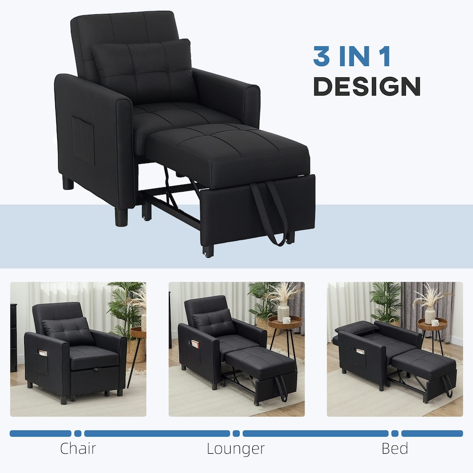 image 1 of HOMCOM Folding Chair Bed, Sleeper Chair with Pillow, Side Pockets, Black