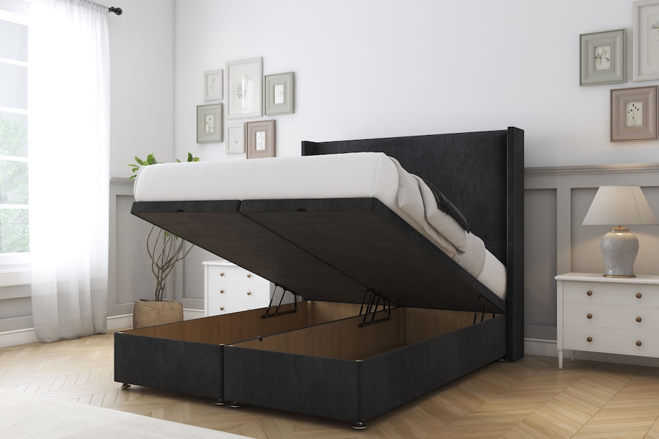 image 1 of Sloomy Devonshire Black Naples Ottoman Bed Base With 54" Wingback Headboard 6' Super King | Black | Black | Super King | 1