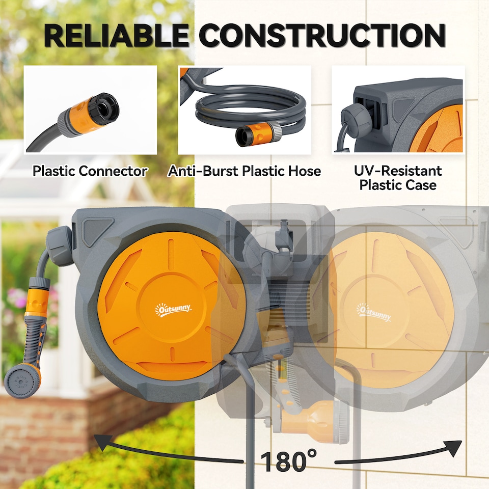 image 1 of Outsunny Retractable Hose Reel Wall Mounted, 302m Garden Hose Pipe Reel with Lock, Auto Rewind, 7 in 1 Spray Nozzle, Includes Wall Fixings, 180 Swivel, Outdoor Watering, 59 x 23 x 42 cm, Orange