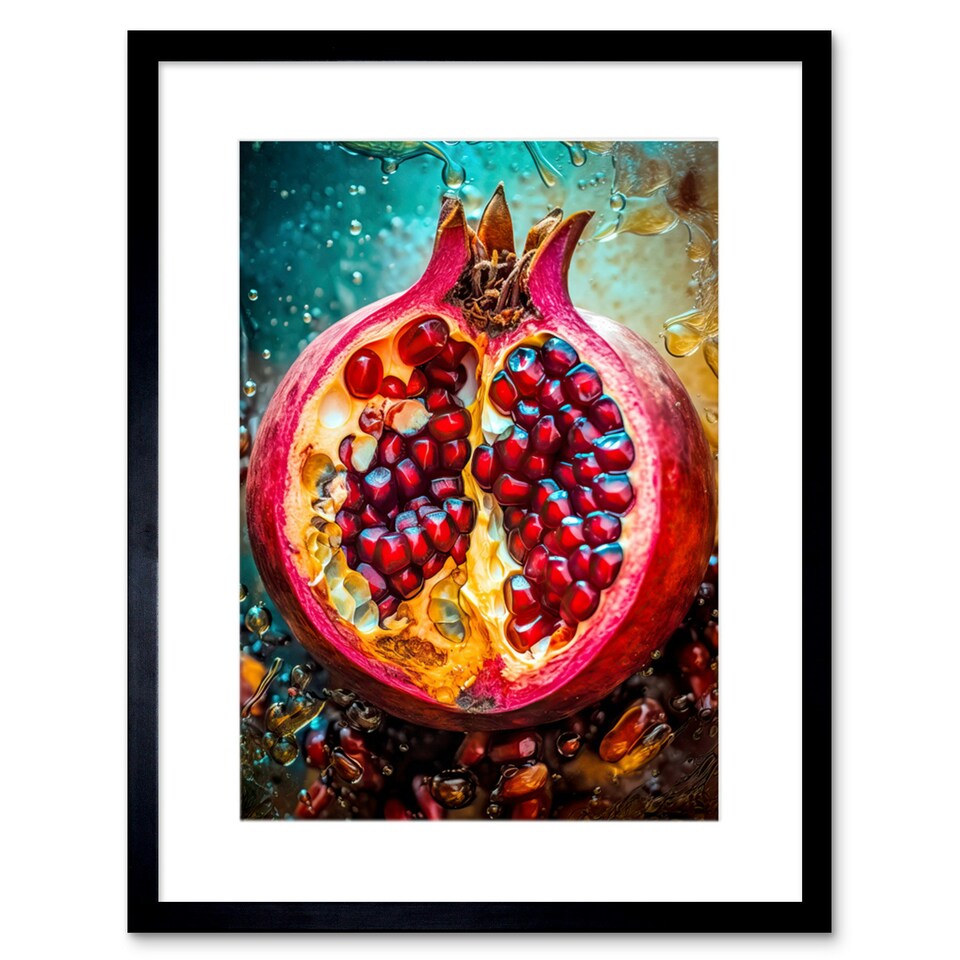 image 1 of Sliced Pomegranate Fruit Photorealistic Painting 9x7" Black Framed Wall Art Print