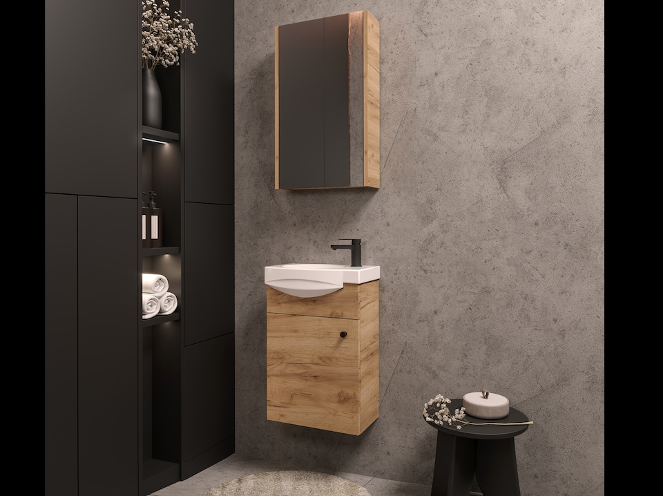image 1 of Bathroom Vanity Unit with Basin 400mm Cloakroom Small Slim Sink Cabinet Wall Hung Oak Finish Avir