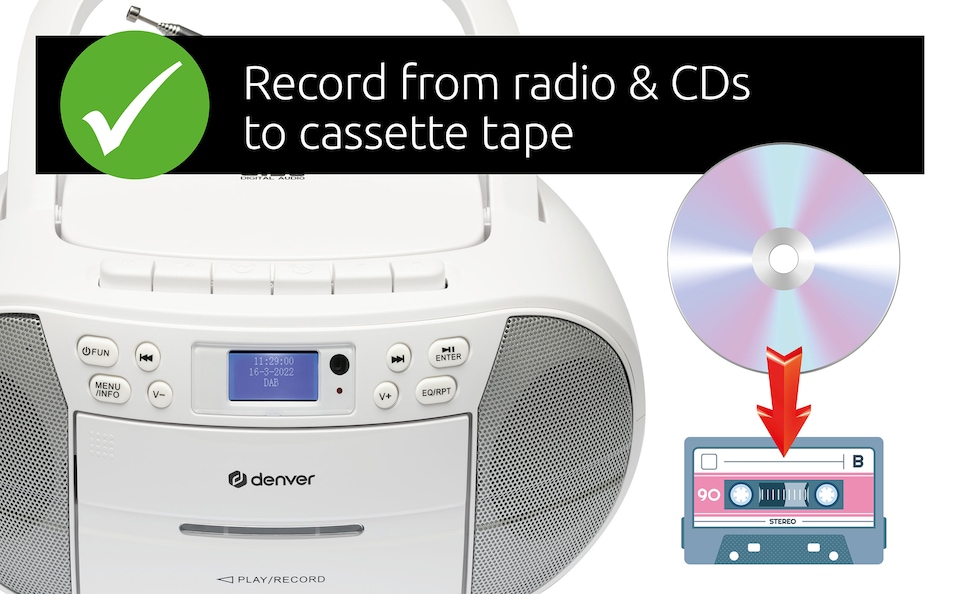 image 1 of Denver Portable Radio CD Tape Cassette Player With DAB Radio – Mains or Battery Power - TDC-280 | White