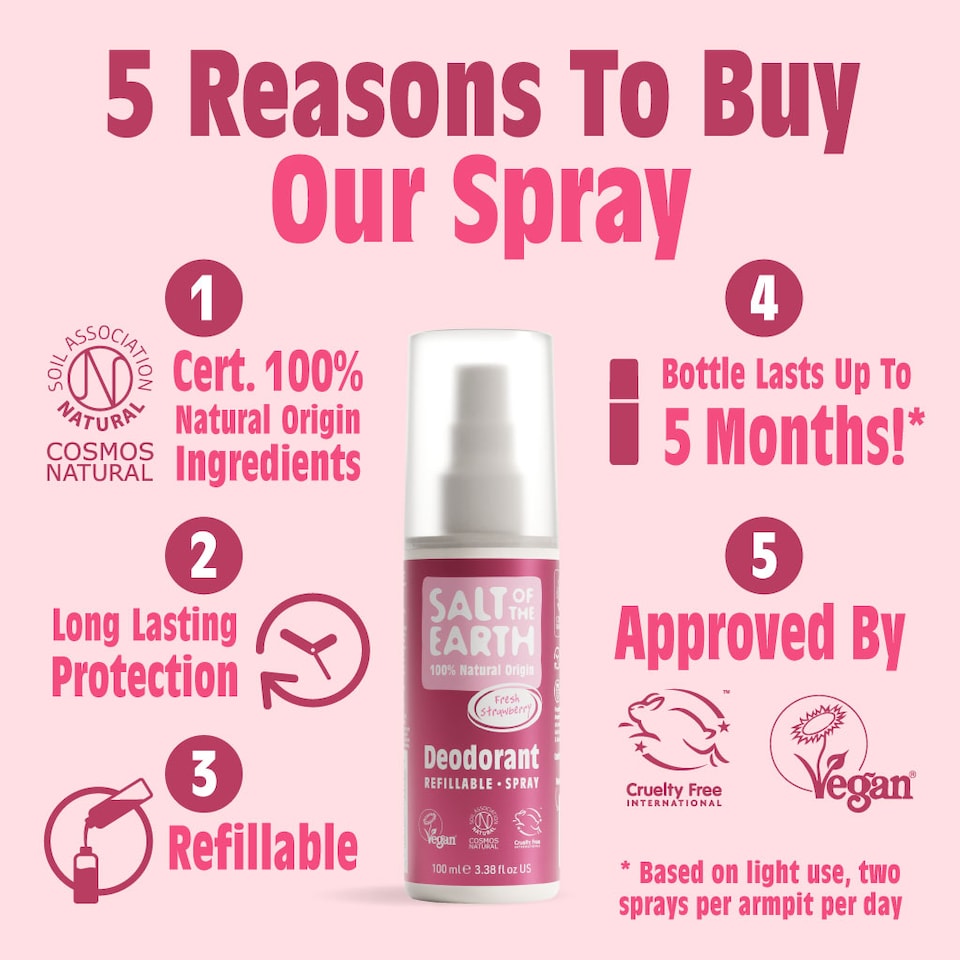 image 1 of Salt of the Earth Refillable Fresh Strawberry Natural Deodorant Spray Vegan Natural Origin Ingredients 100ml