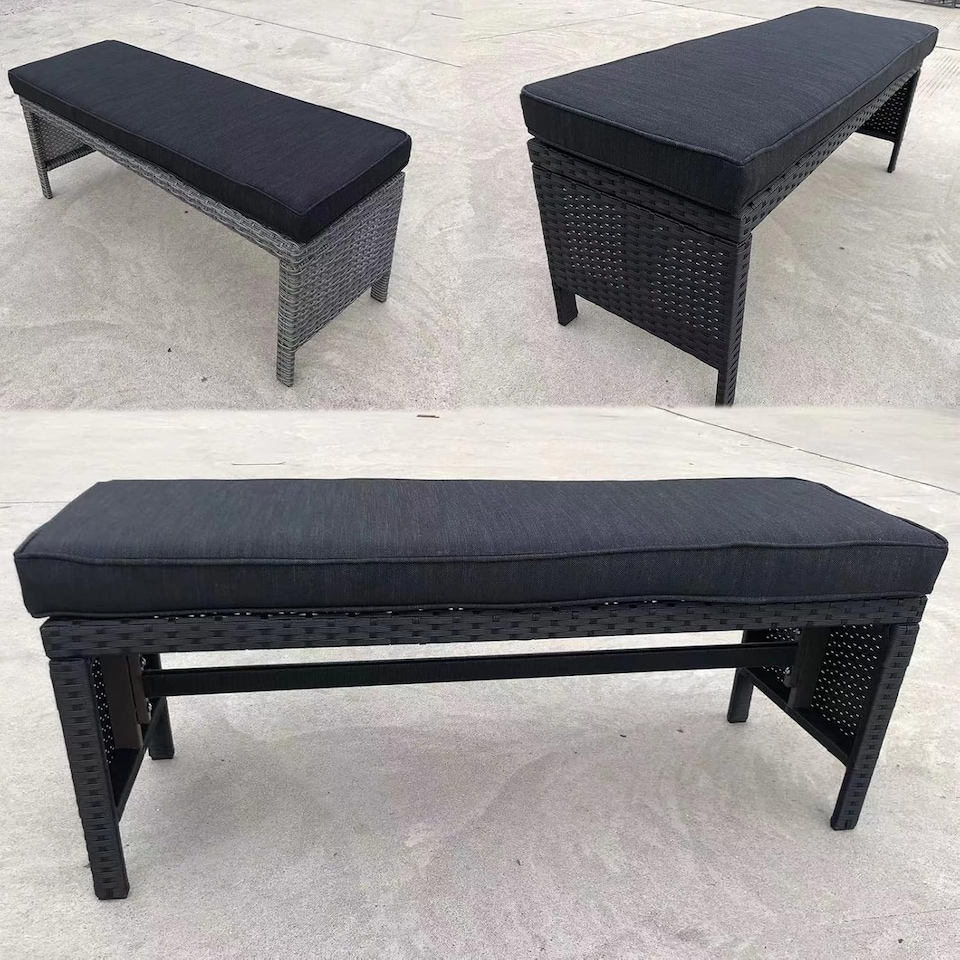 image 1 of Outdoor Rattan Beach Patio Farmhouse Outdoor Upholstered Dining Bench with Thickness Cushion, Grey 110x38cm