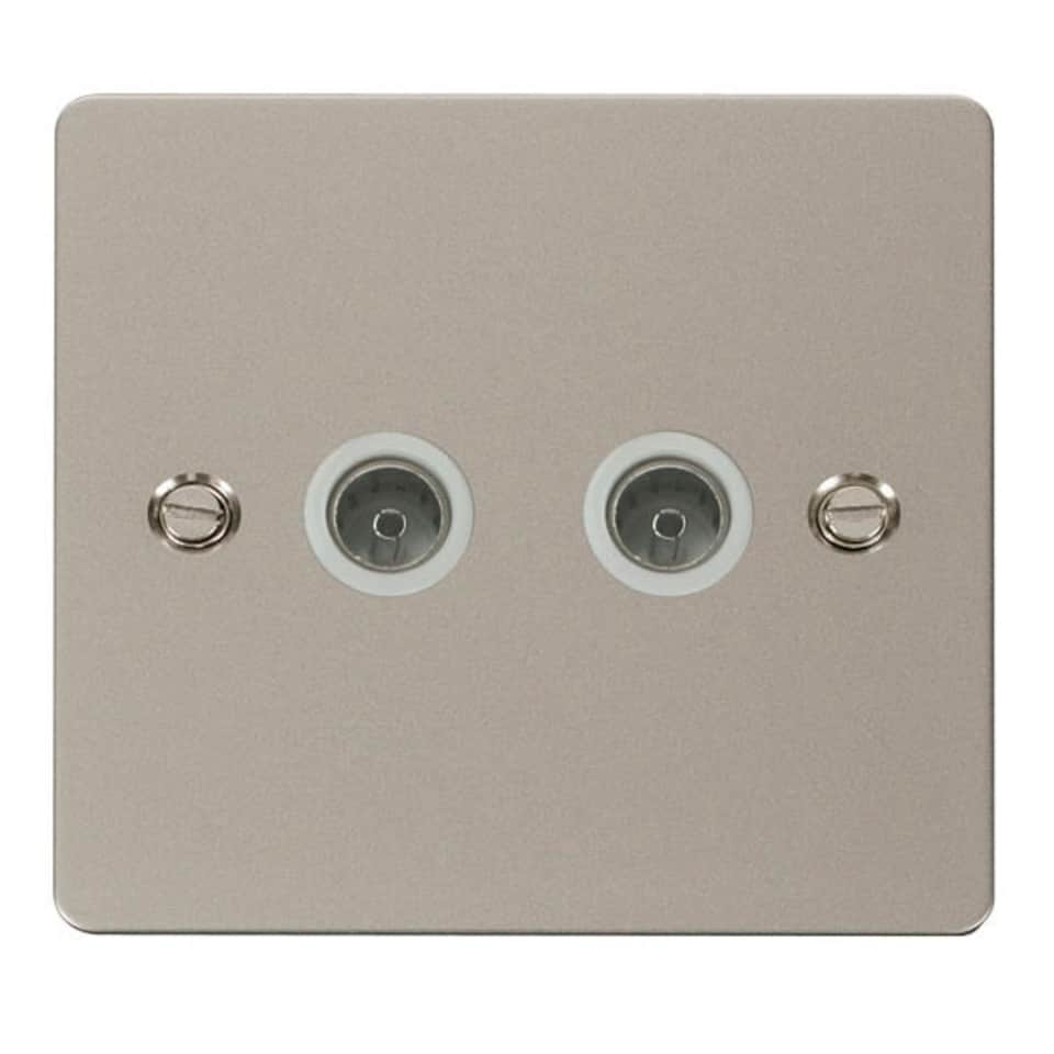 SE HOME Flat Plate Pearl Nickel 2 Gang Twin Coaxial TV Socket - White Trim - SE Home White | Pearl Nickel