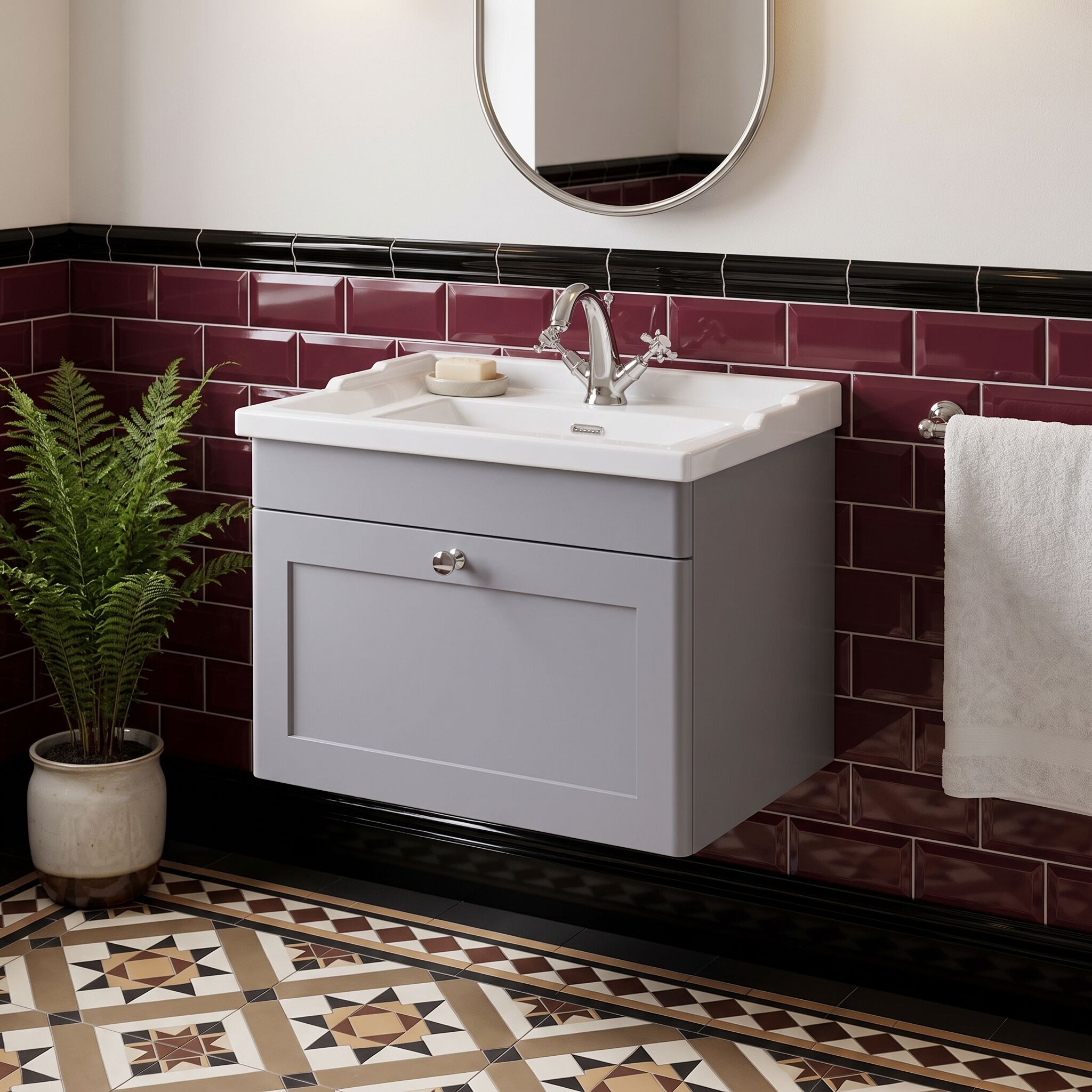 image 1 of Balterley Swynnerton Traditional 1 Drawer Wall Hung Vanity Unit with Basin, Satin Grey, 600mm