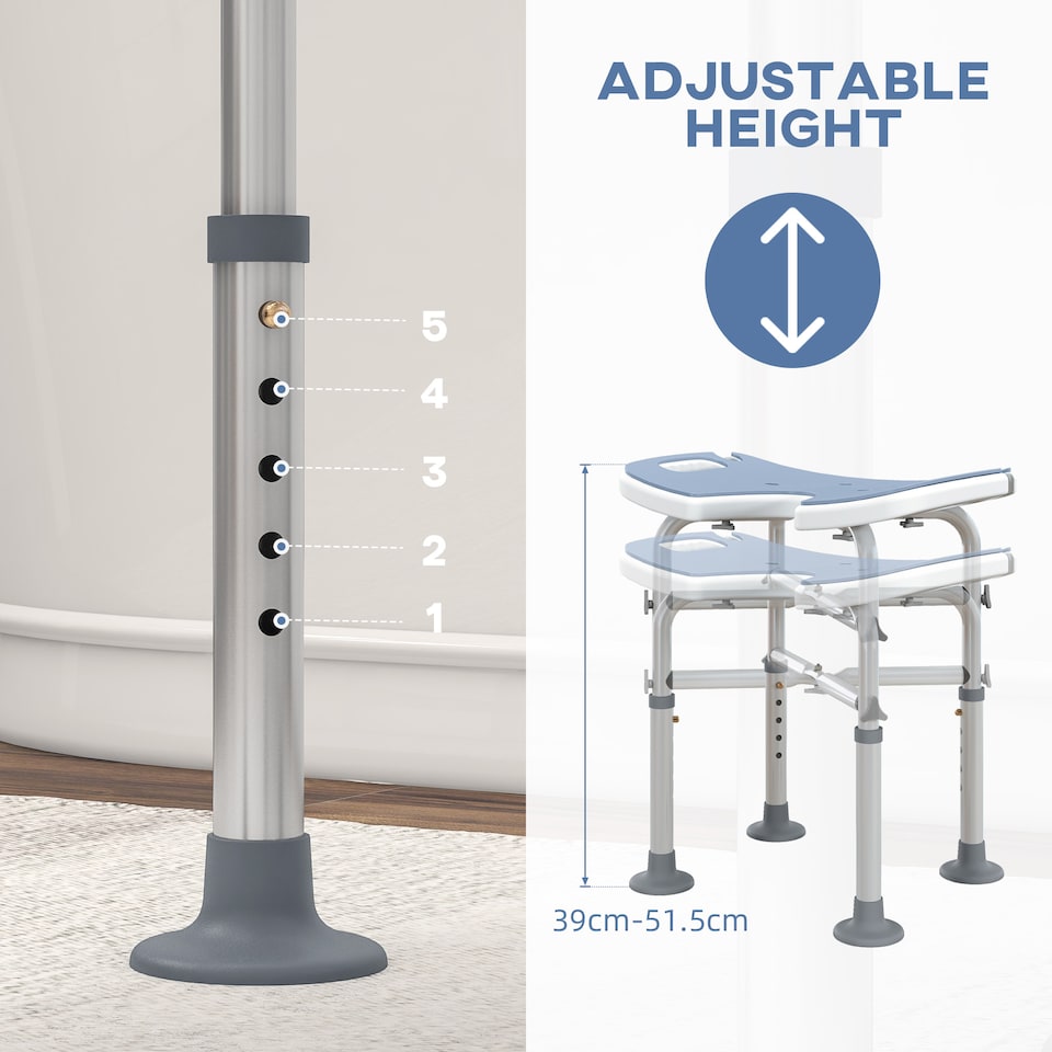 image 1 of HOMCOM Height Adjustable Shower Stool with Suction Grab Rail, Aluminium Shower Chair with U-Shaped Padded Seat, Non-Slip Bath Stool for Elderly, Disabled, Seniors, Pregnant, Light Blue