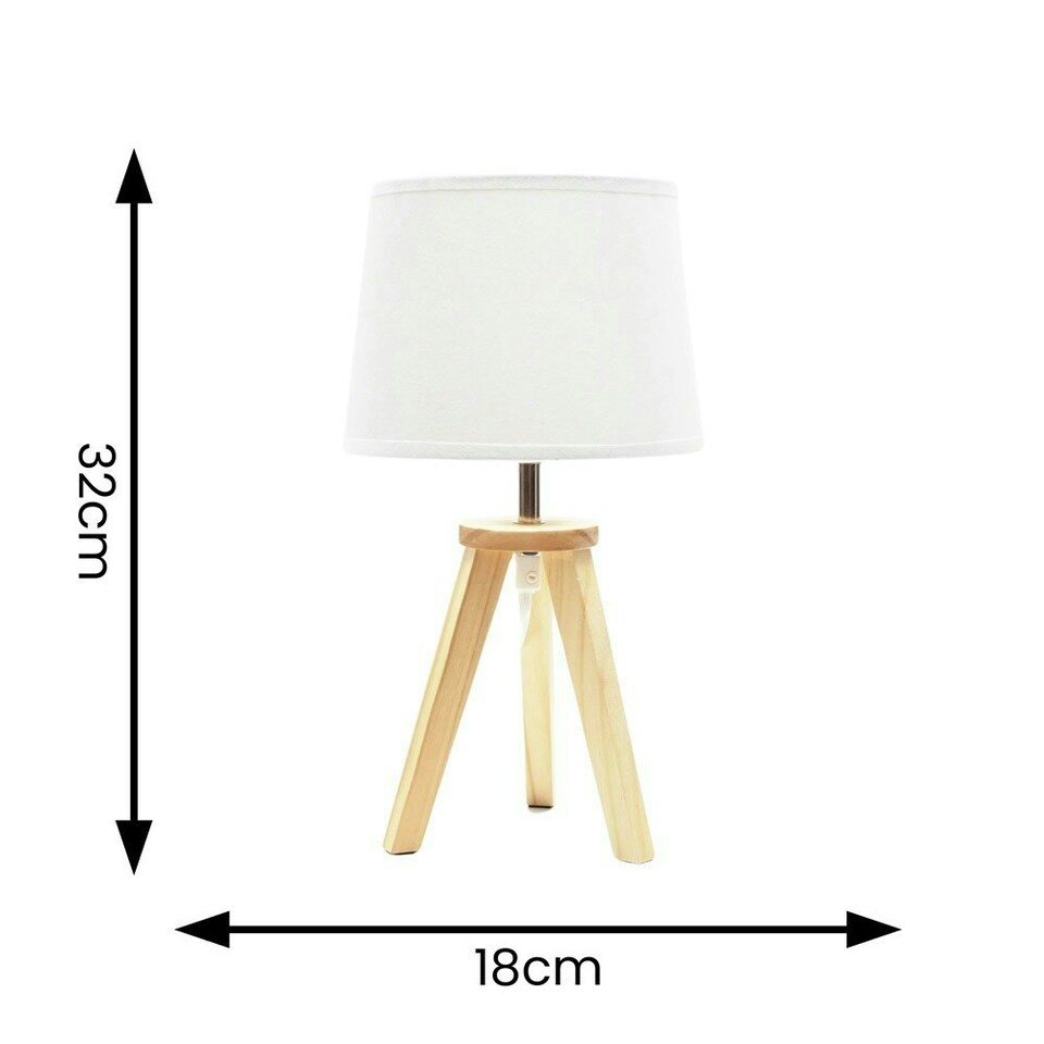 image 1 of ValueLights Jackson Natural Wood Tripod Table Lamp with Fabric Shade and LED Bulb White